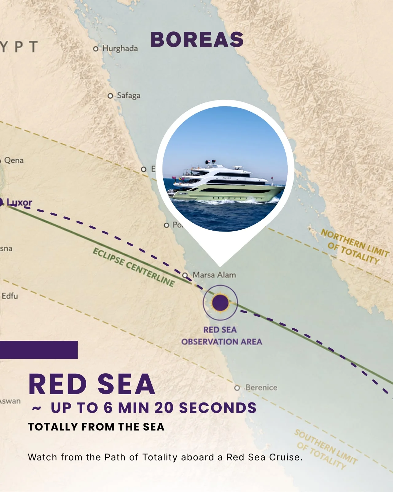Eclipse path map — Red Sea observation, up to 6 minutes 20 seconds