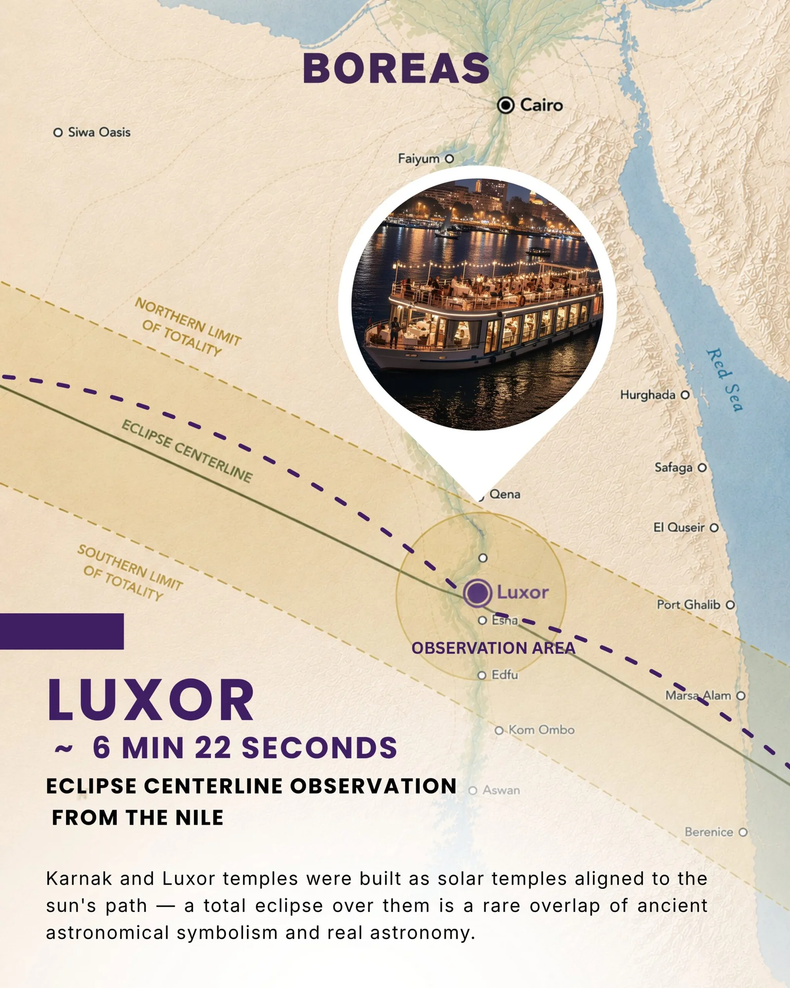 Eclipse path map — Luxor centerline, 6 minutes 22 seconds