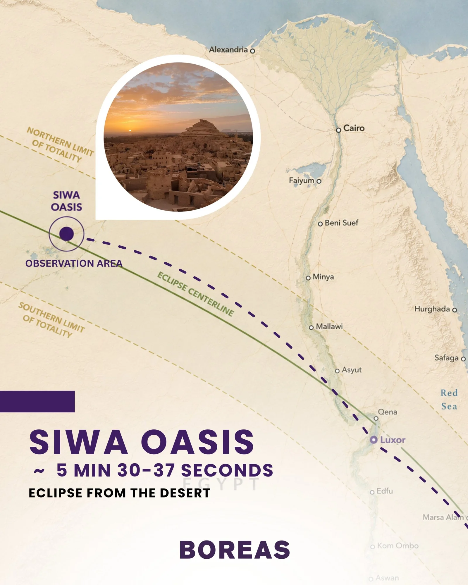 Eclipse path map — Siwa Oasis, 5 minutes 30 to 37 seconds