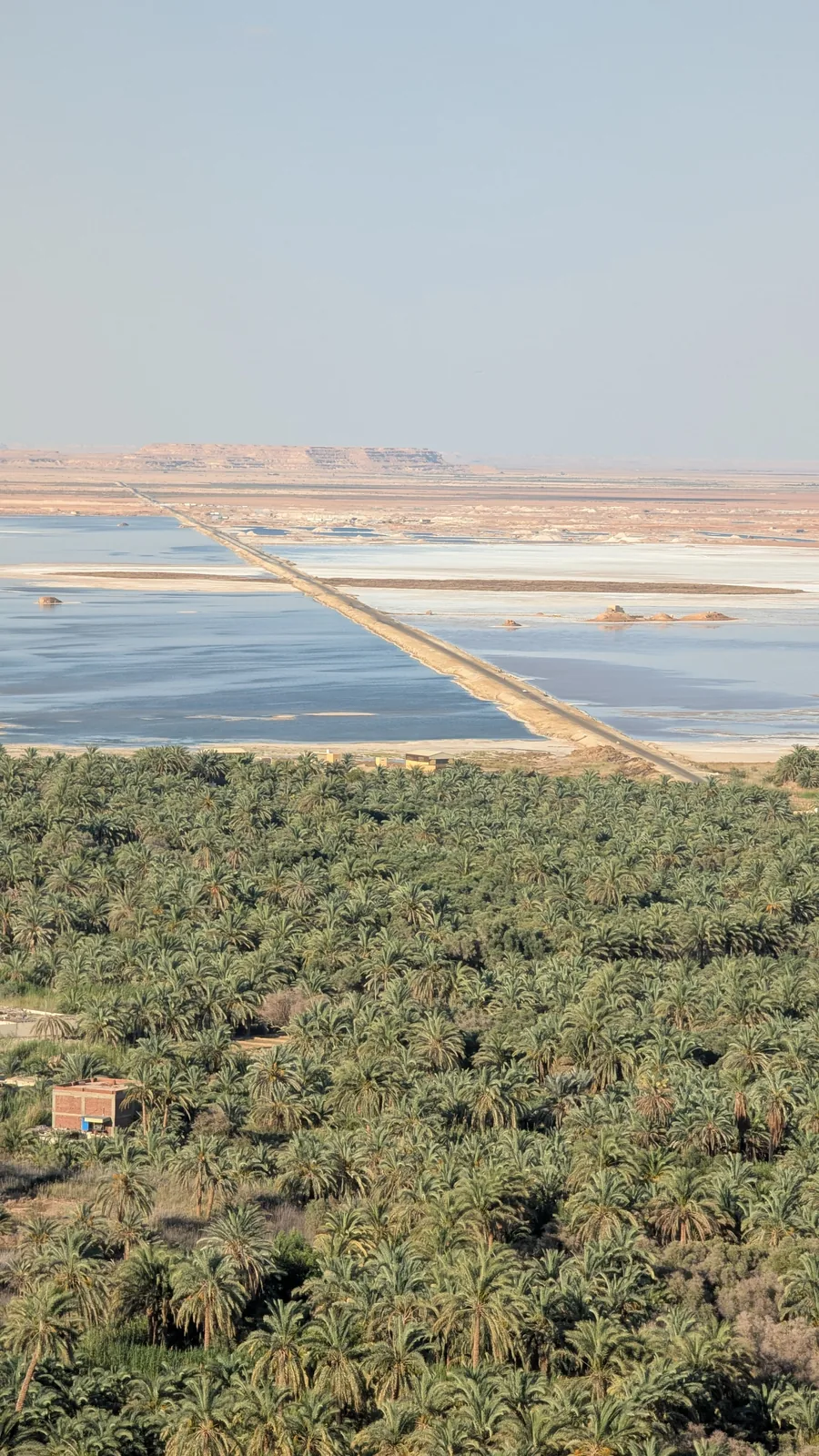 Aerial view of Siwa's salt lakes and palm groves